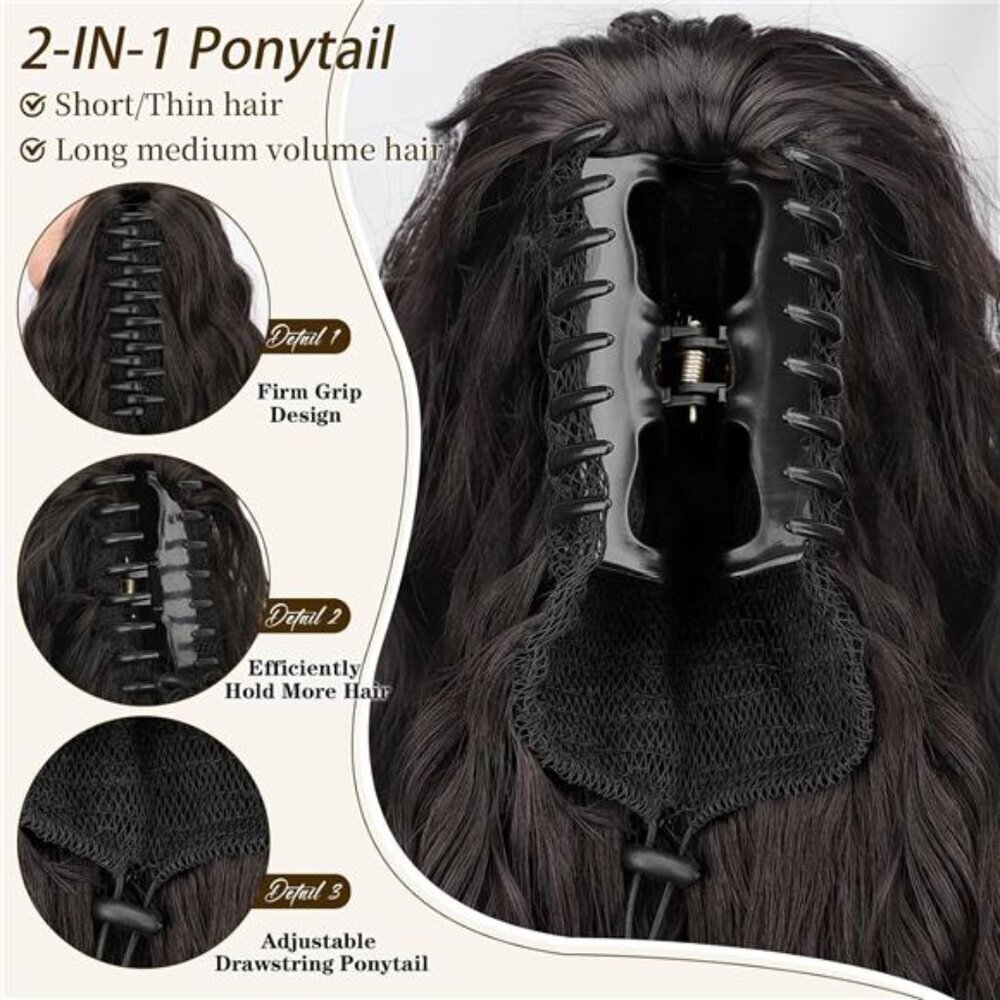 Claw Long Wavy Ponytail Extension Black Brown 30" Curly Pony Tail Clip - Picture 3 of 7